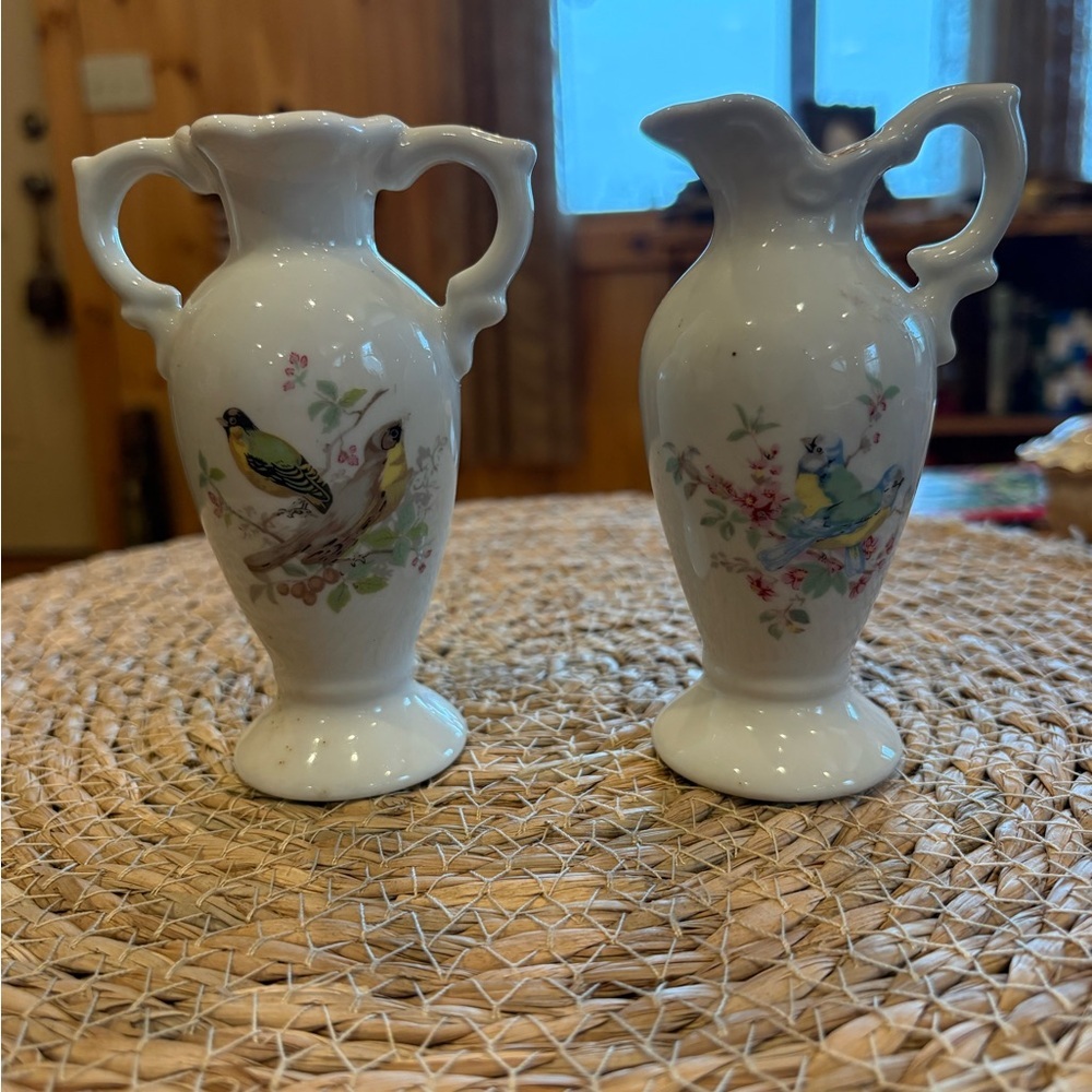 Vintage white porcelain vase/small pitcher featuring hand-painted birds/floral